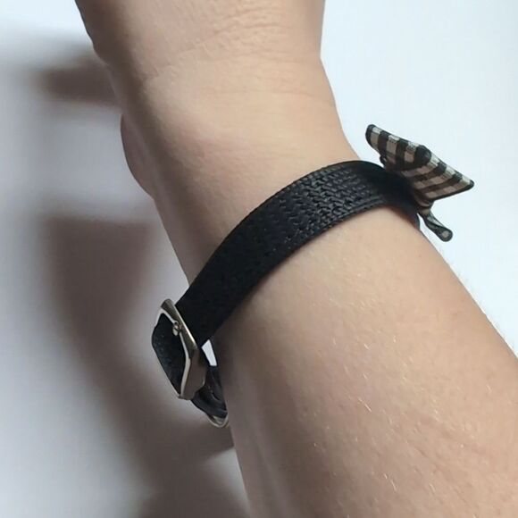 478 Black Elastic Belt with Checkered Black Ribbon Bow Cuff Bracelet - Picture 2 of 4